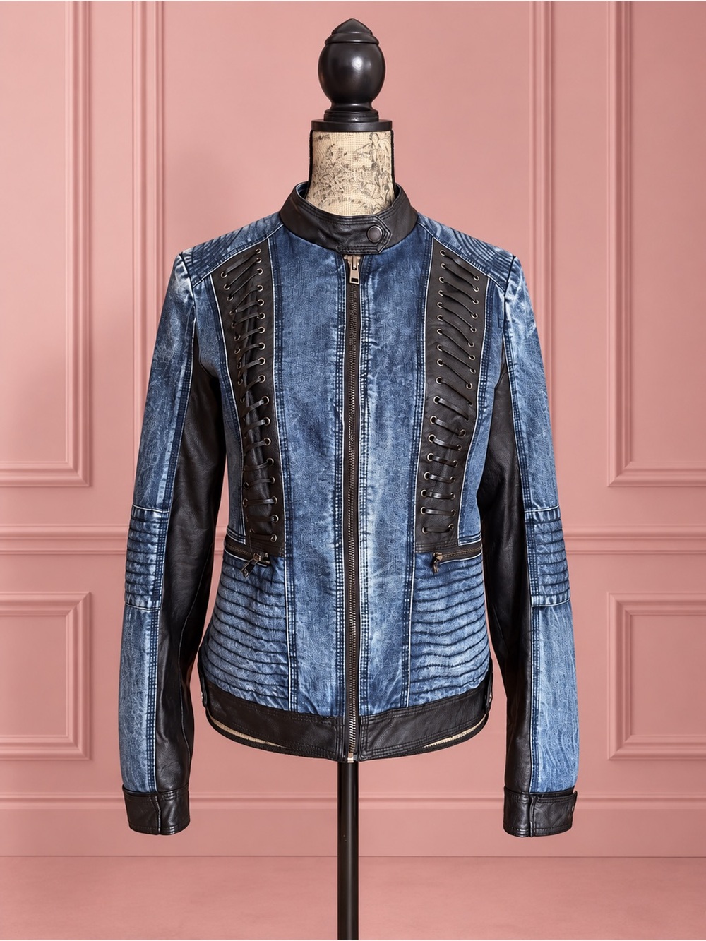 Y2K Distressed Blue Denim and Black Leather Lace-Up Jacket Size L